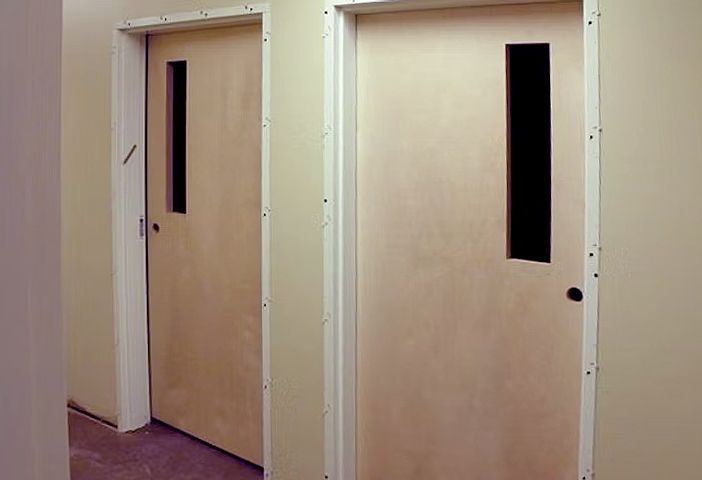 Two wooden doors with a window in a hallway.