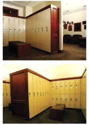 Two pictures of a locker room with lots of lockers