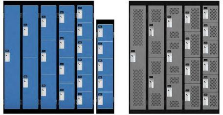 A row of blue lockers and a row of gray lockers