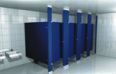 A row of blue toilet cubicles in a public restroom.