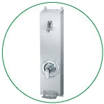 A stainless steel soap dispenser with a key in a green circle.