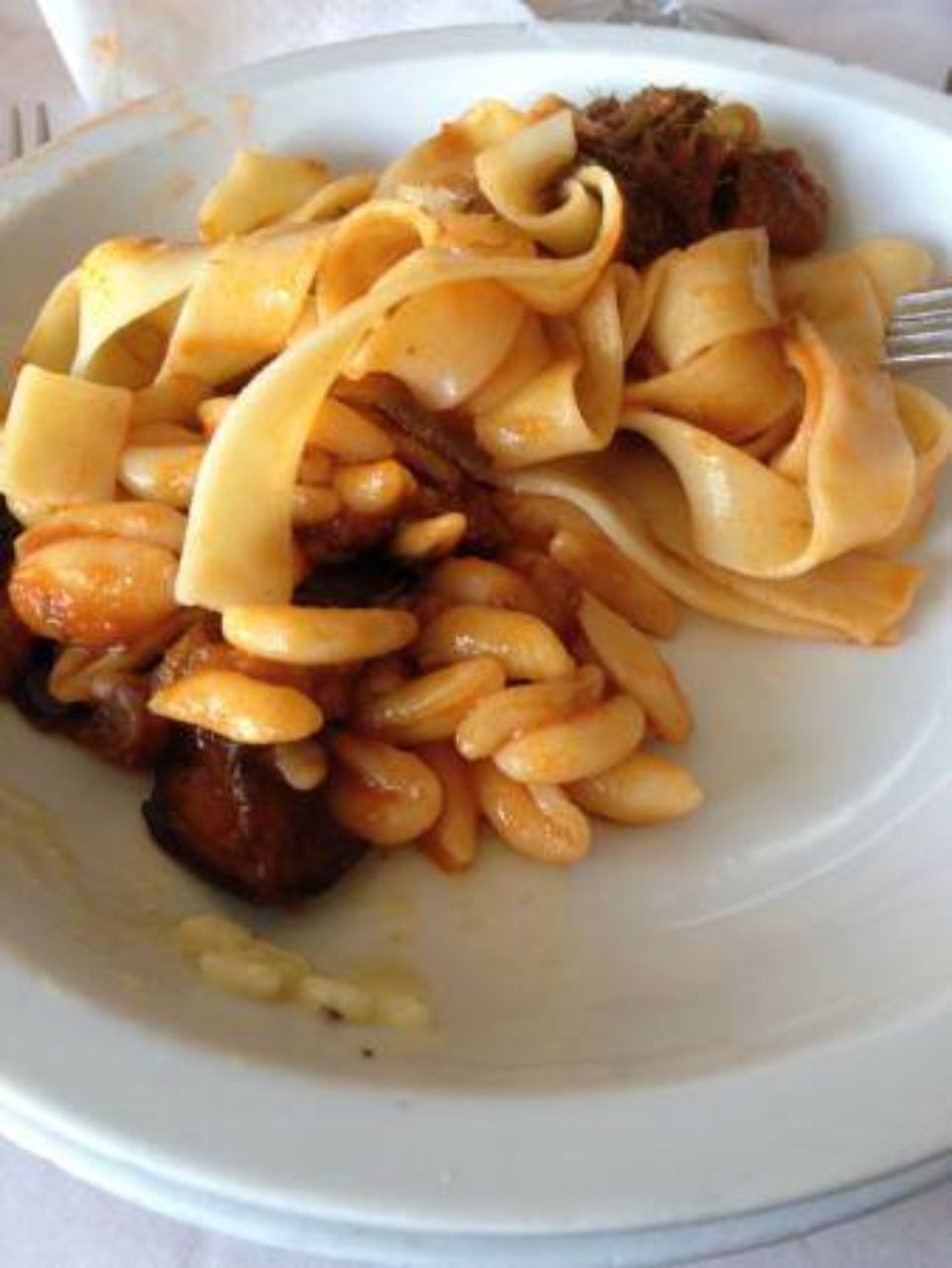 Piatto di pasta: tagliatelle larghe, fagioli bianchi e salsa su un piatto bianco.