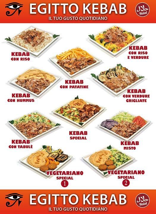 Menù del ristorante Egitto Kebab con foto e nomi di diverse opzioni di kebab e piatti vegetariani.