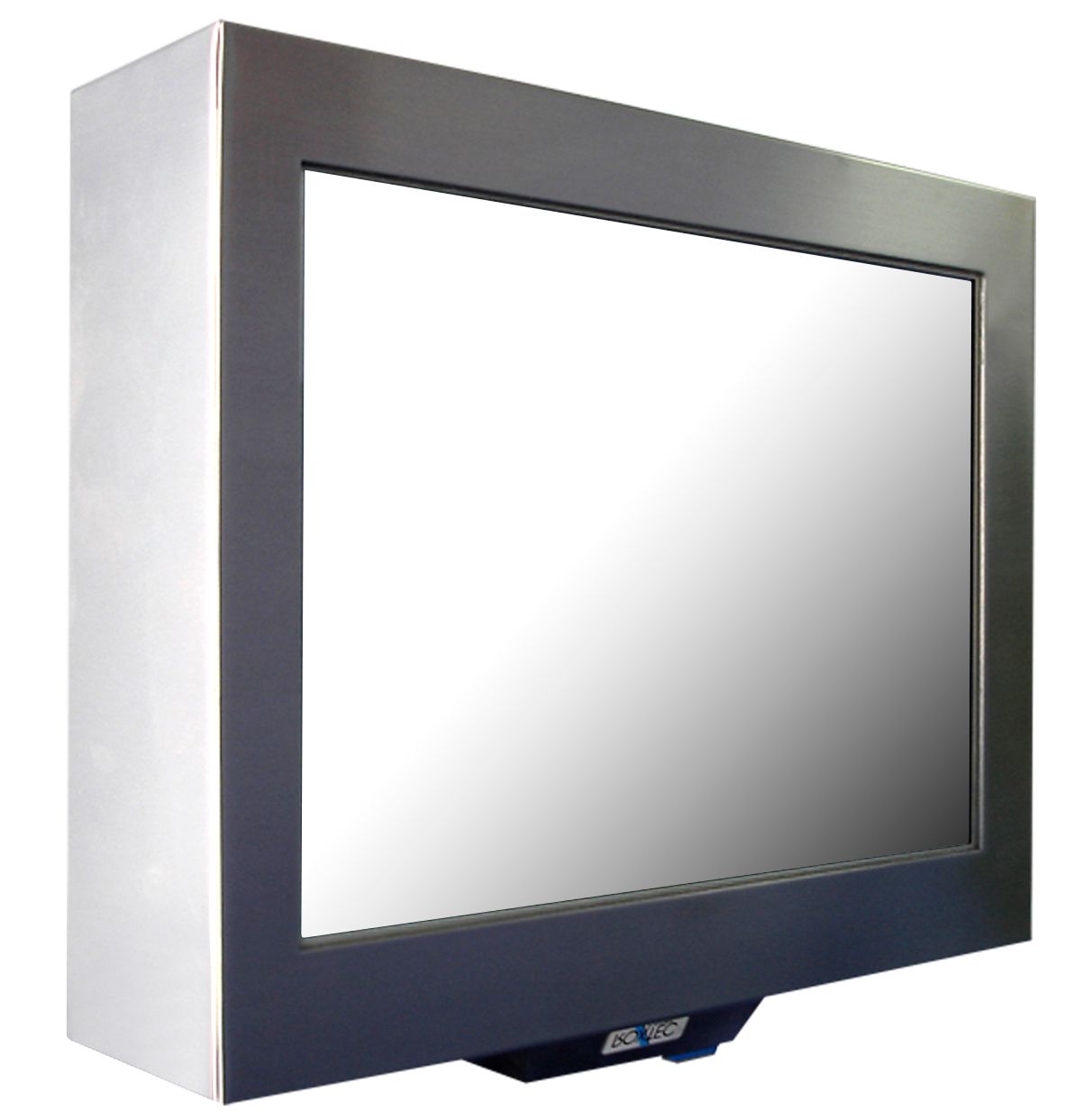 A ruggedised screen with a stainless steel frame on a white background