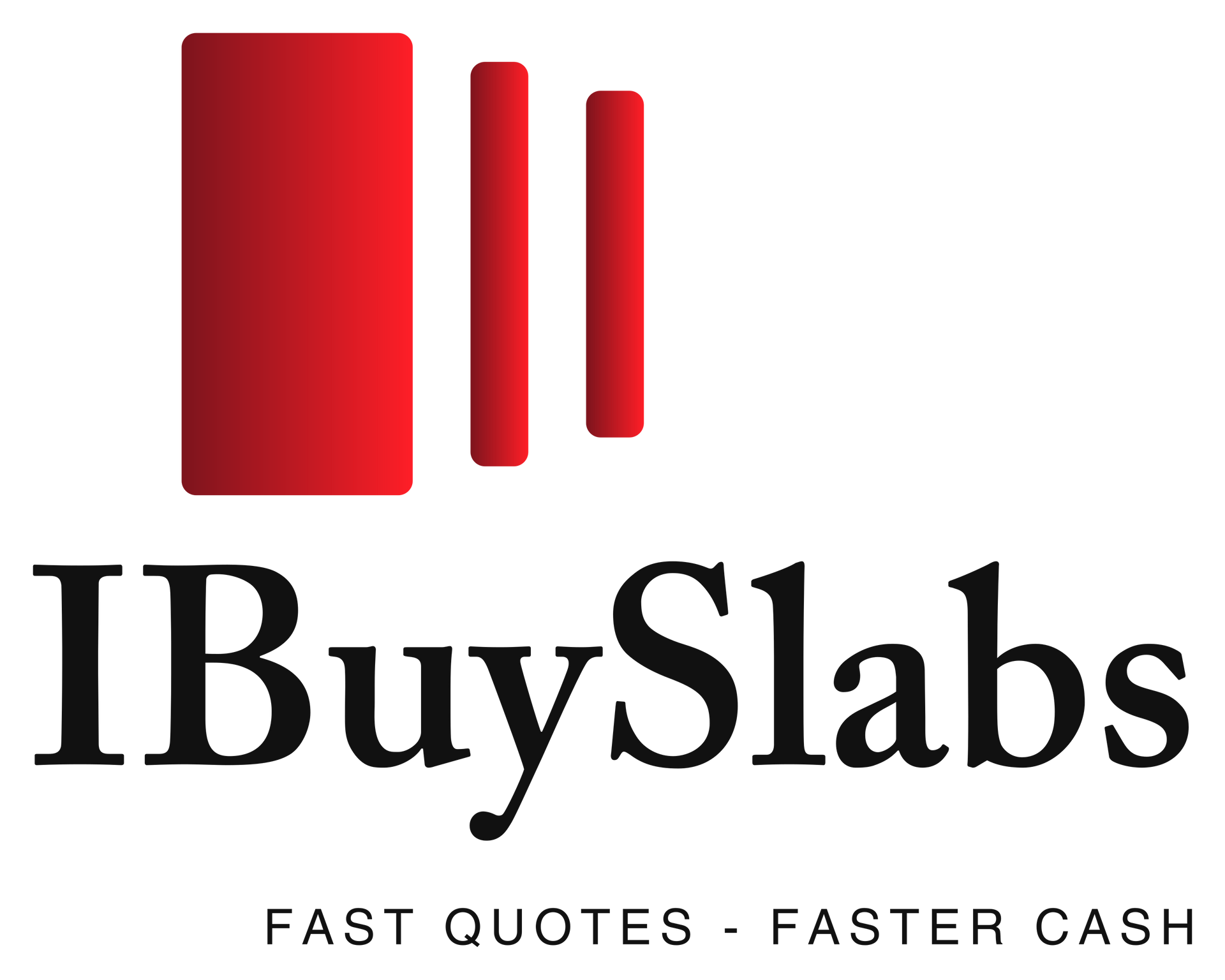 Logo for IBuySlabs: Red rectangles above black text, 