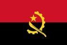 The national flag of Angola, featuring two horizontal red and black bands with a yellow gear, machete, and star emblem.