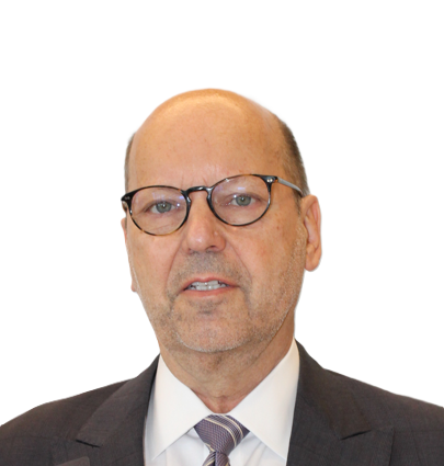 Headshot of an individual wearing glasses, a blue patterned shirt, and a dark suit coat with a red patterned tie.