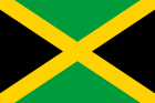The national flag of Jamaica: a gold saltire dividing the flag into two green triangles and two black triangles.