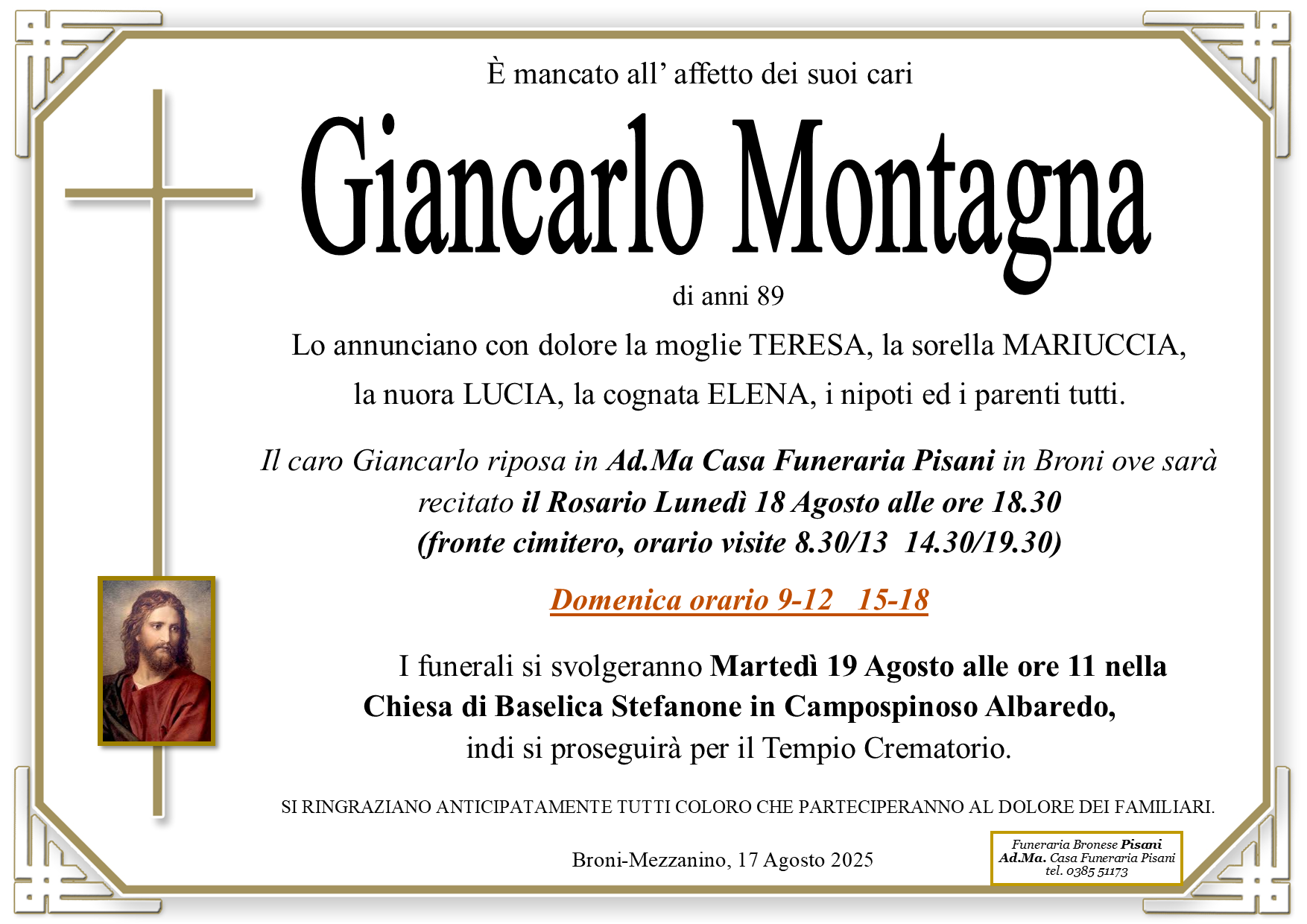 necrologio Montagna Giancarlo