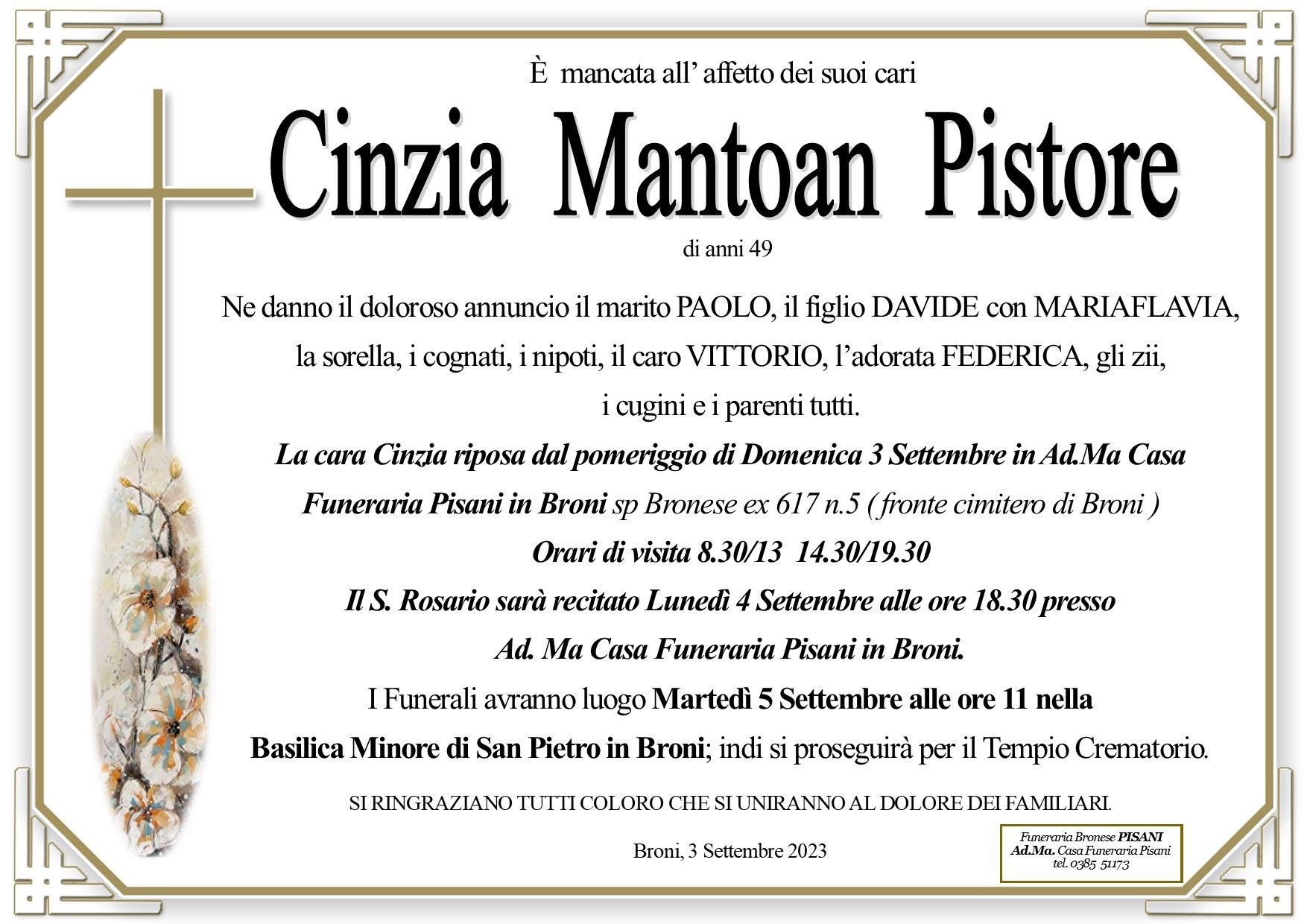 necrologio Cinzia Mantoan Pistore