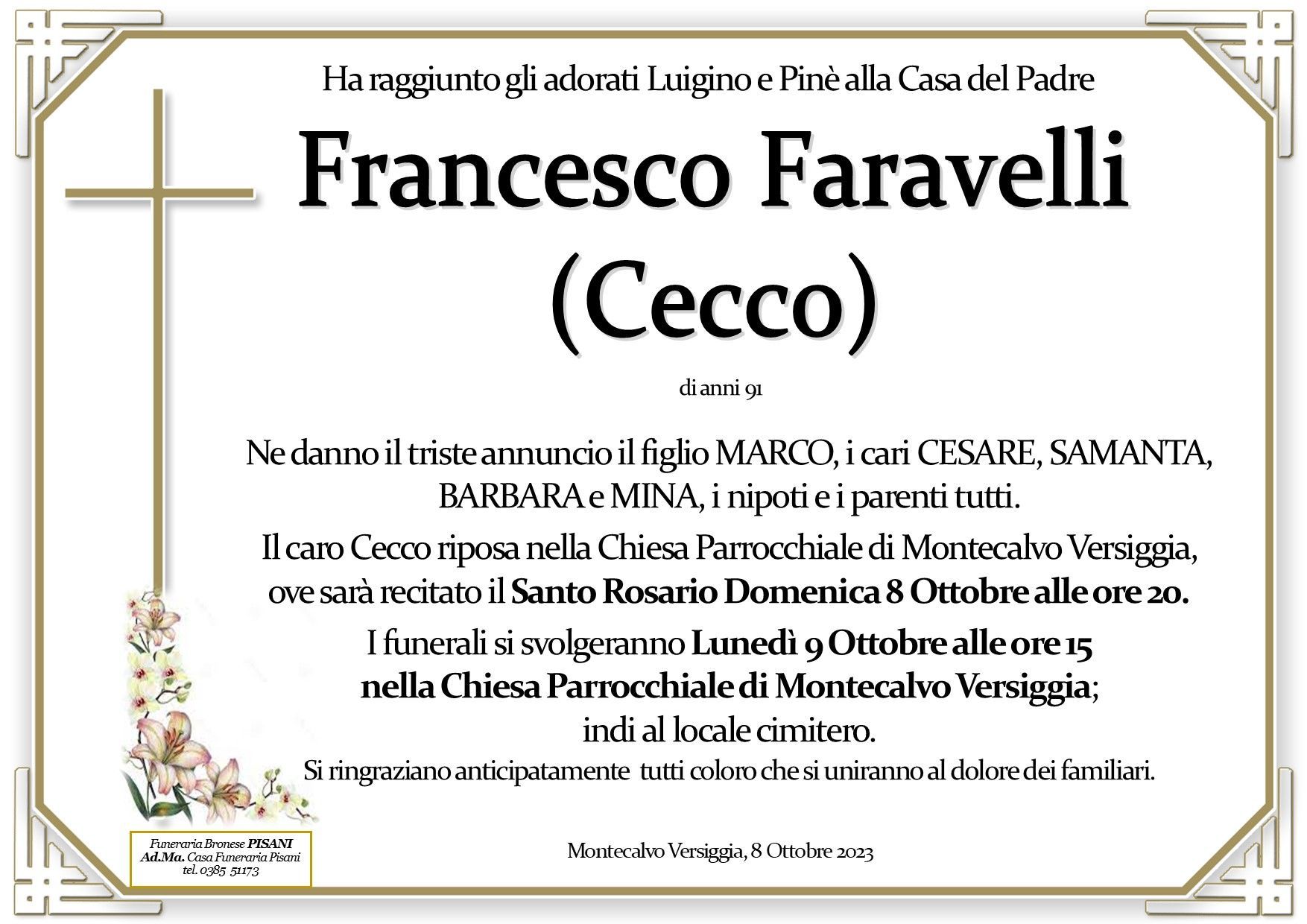 necrologio Francesco Faravelli (Cecco)