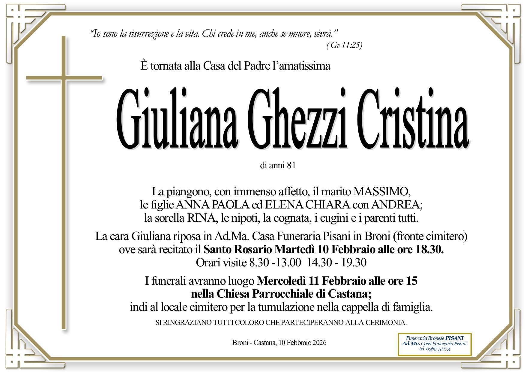necrologio Giuliana Ghezzi Cristina