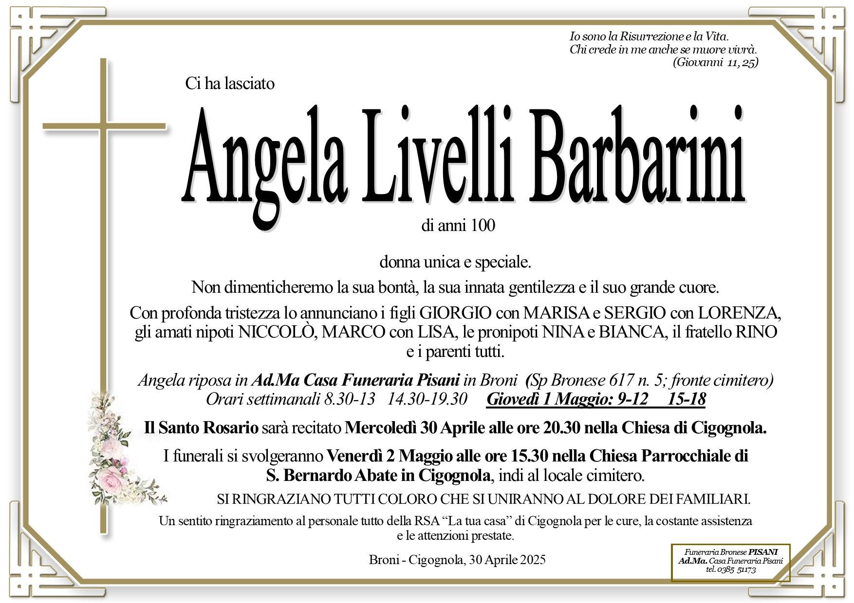 necrologio Angela Livelli Barbarini