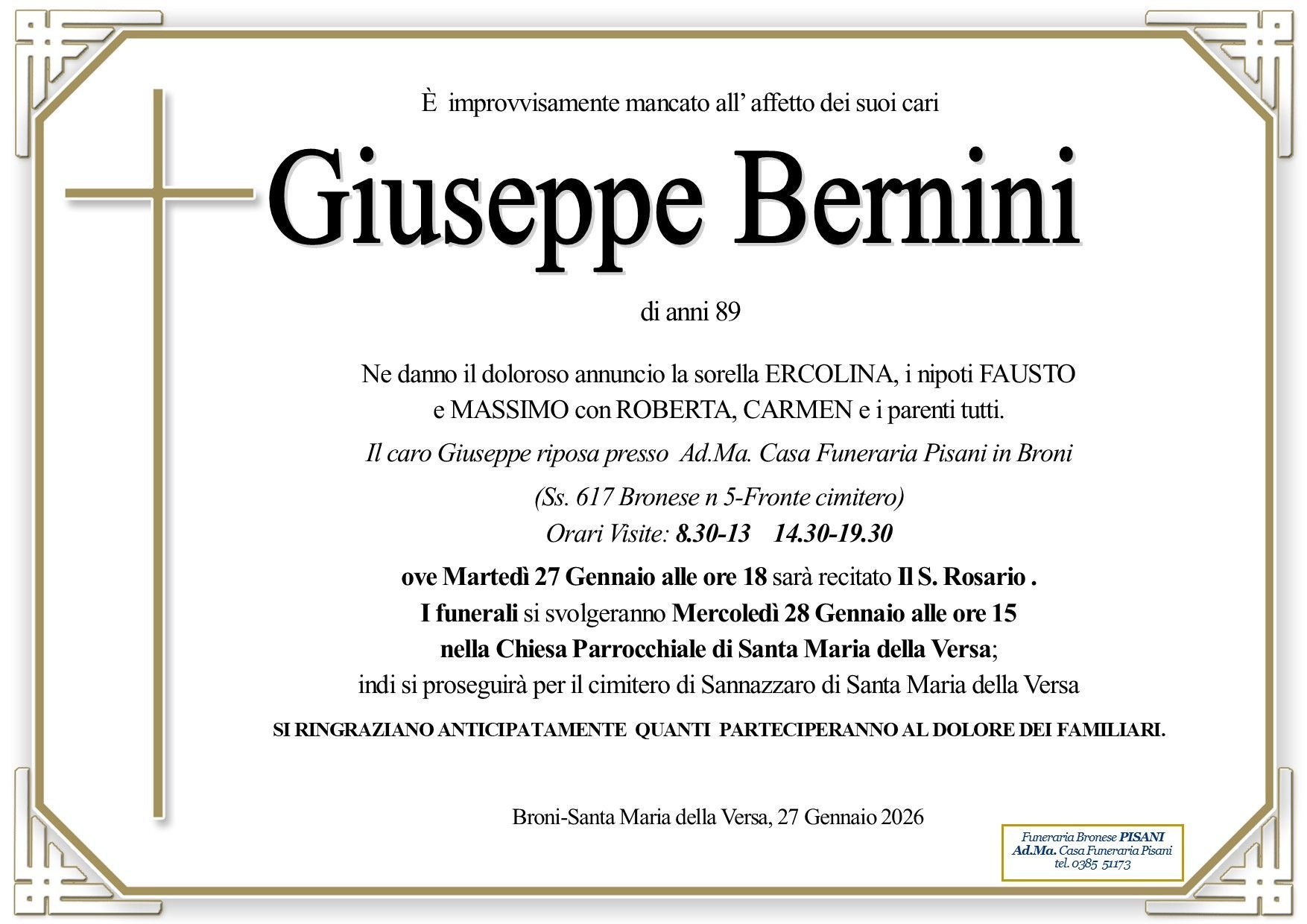 necrologio Giuseppe Bernini