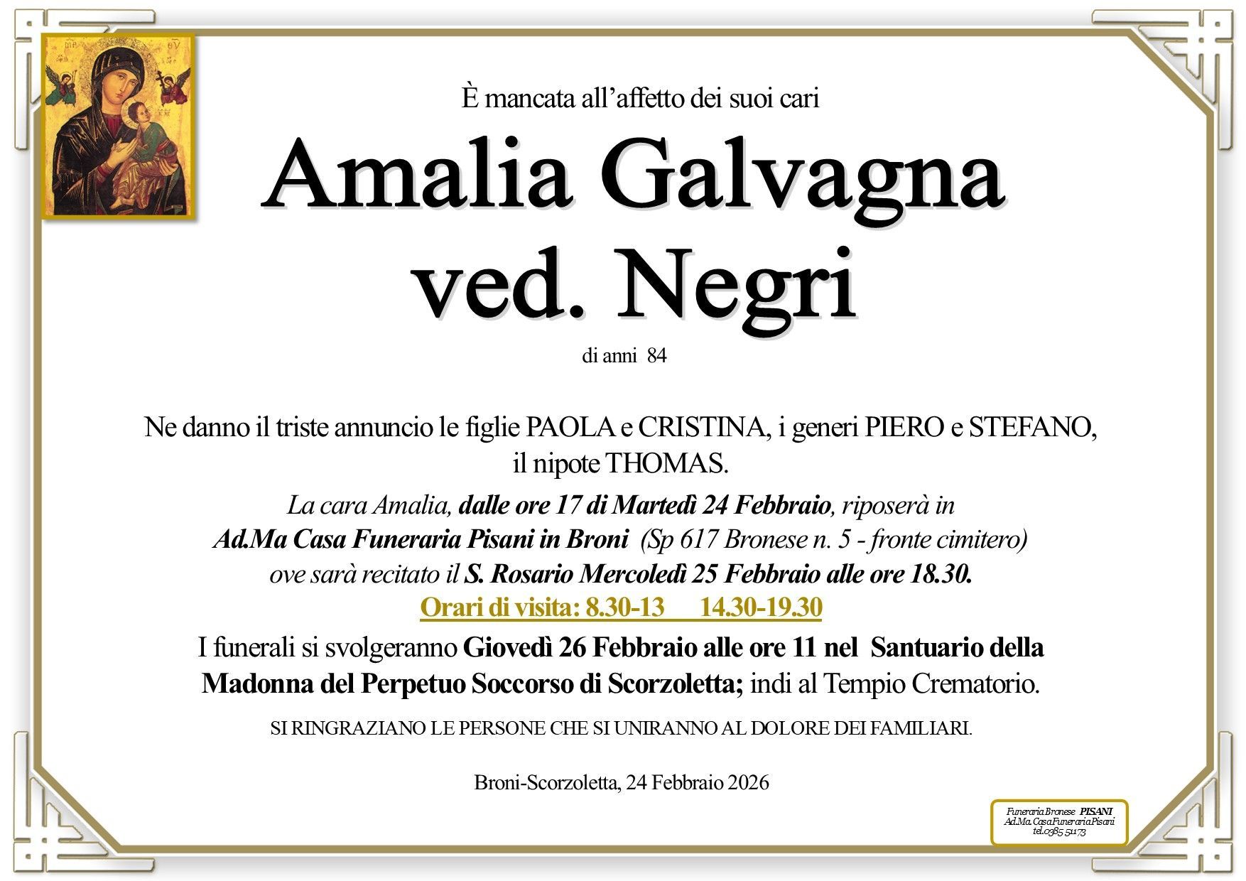 necrologio Amalia Galvagna ved. Negri