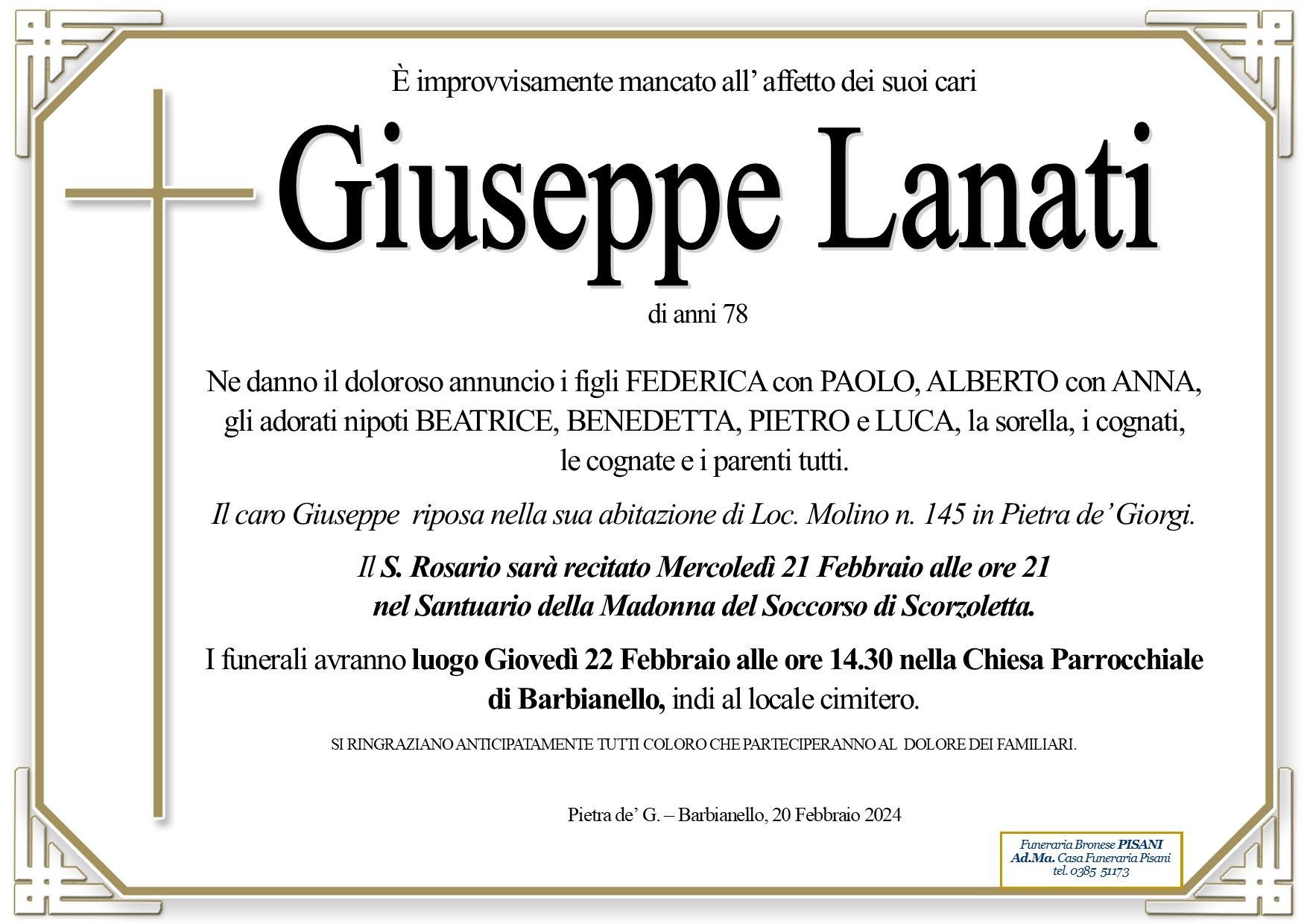 necrologio Giuseppe Lanati