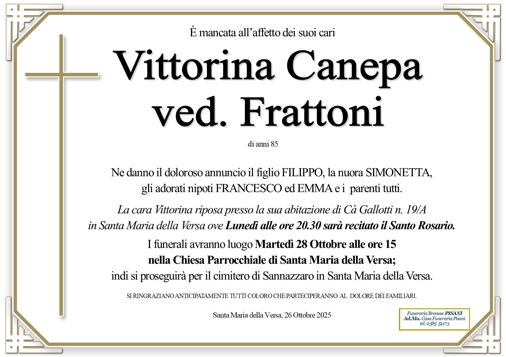 necrologio Vittorina Canepa ved. Frattoni