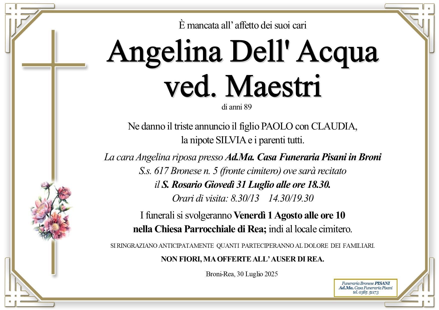 necrologio Angelina Dell'Acqua