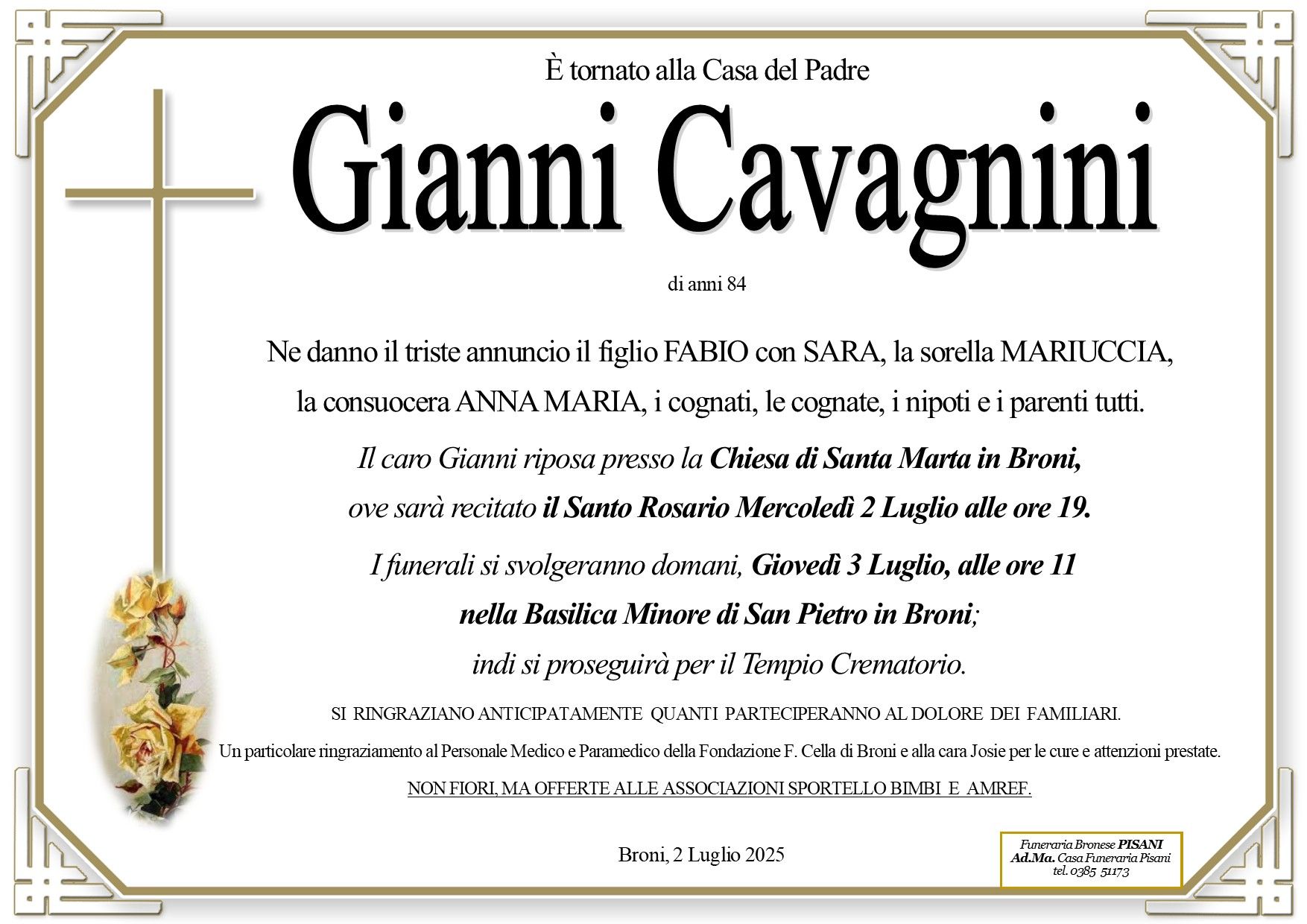 necrologio Cavagnini Gianni