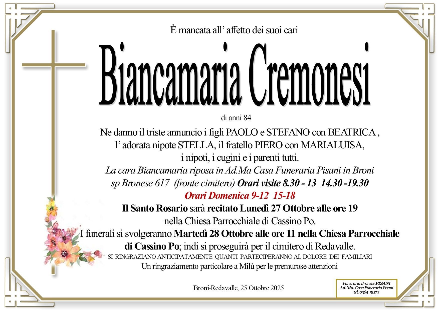 necrologio Cremonesi Biancamaria