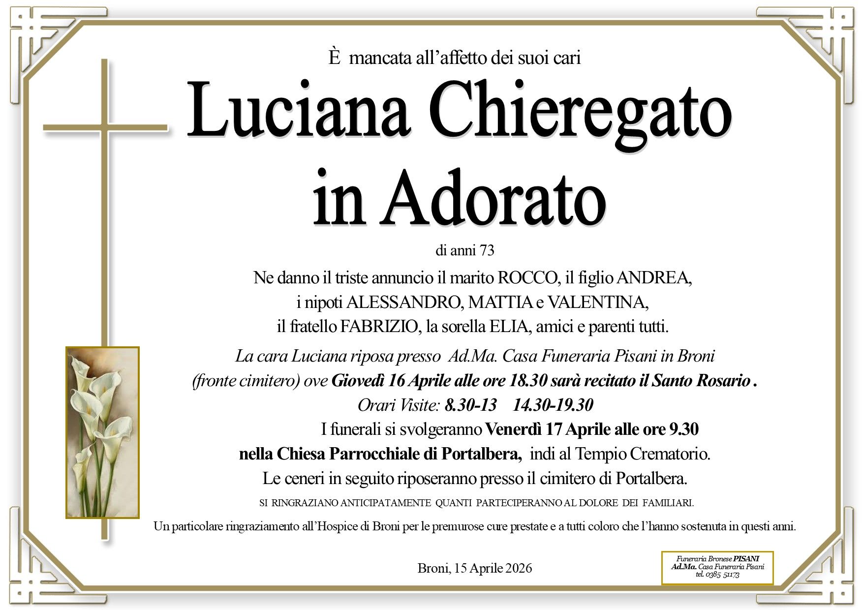 necrologio Luciana Chieregato in Adored