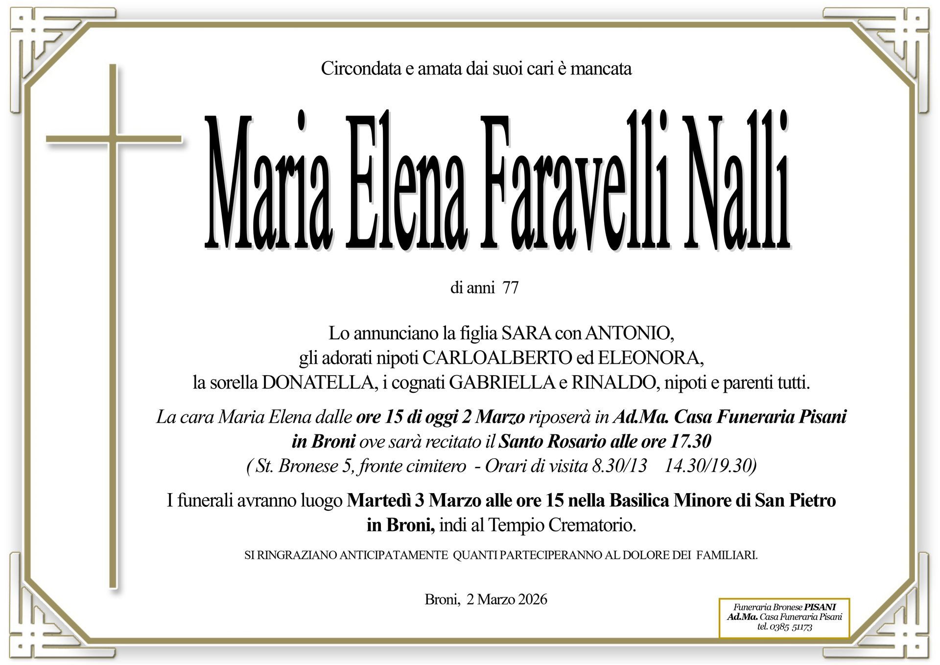 necrologio Faravelli Maria Elena
