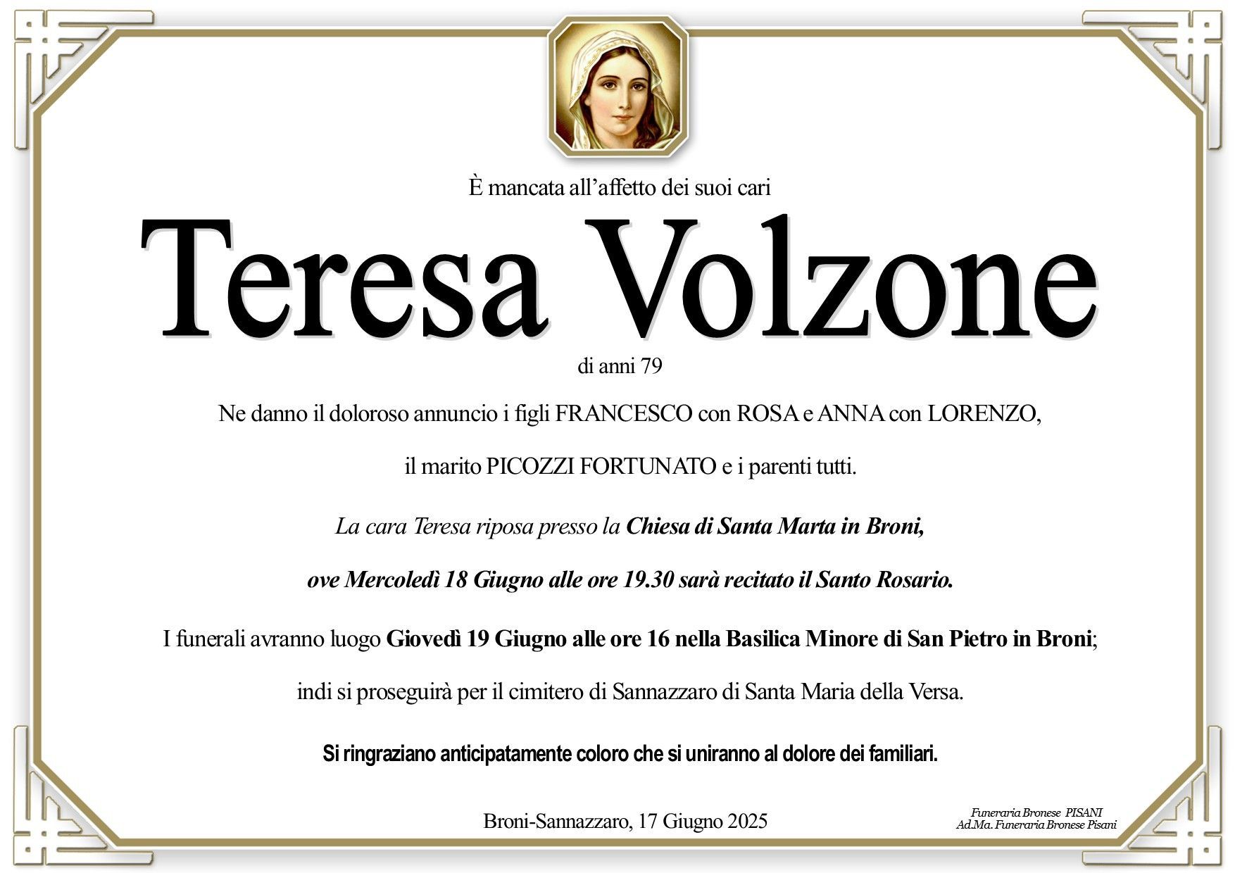 necrologio Teresa Volzone