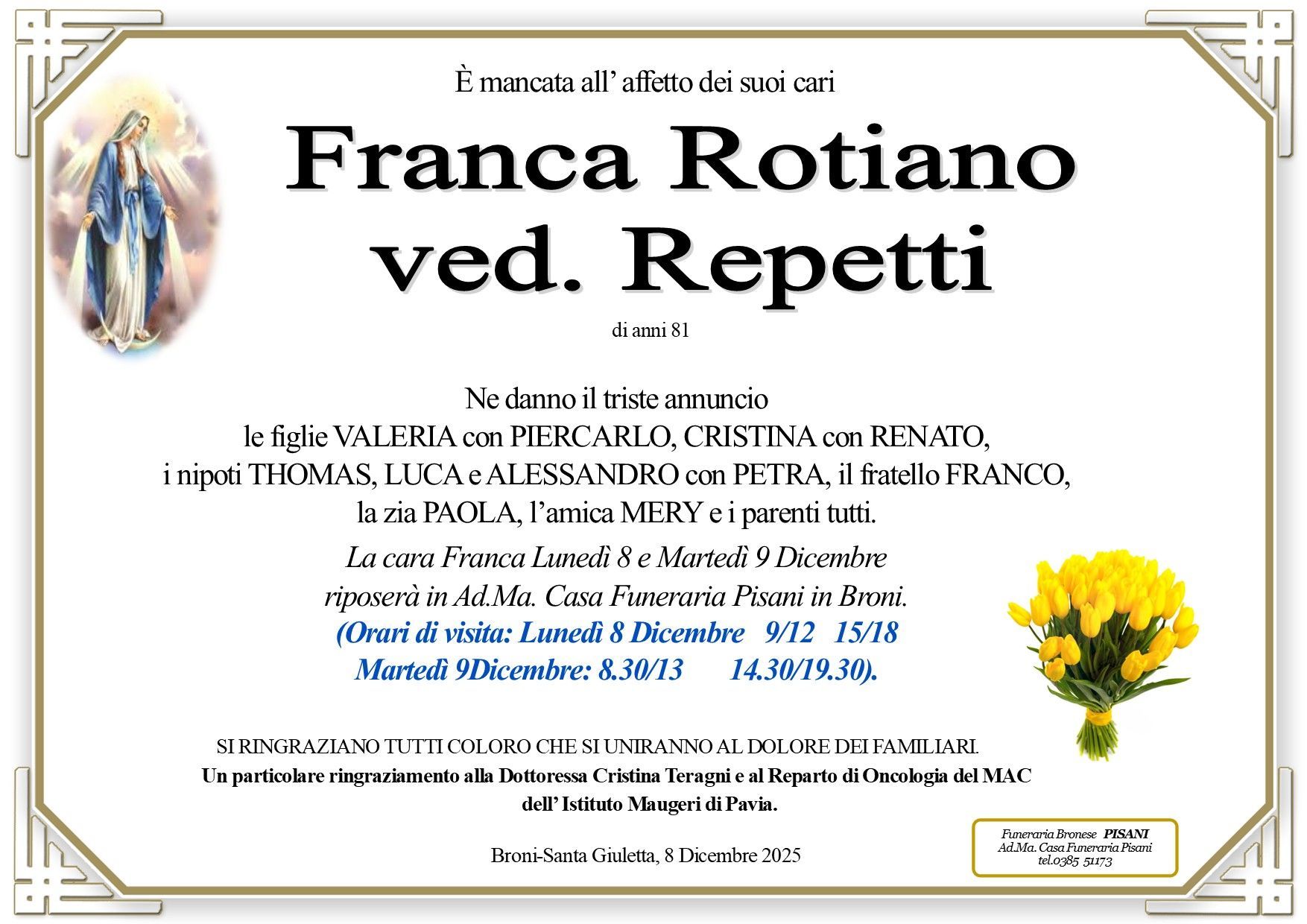 necrologio Franca Rotiano