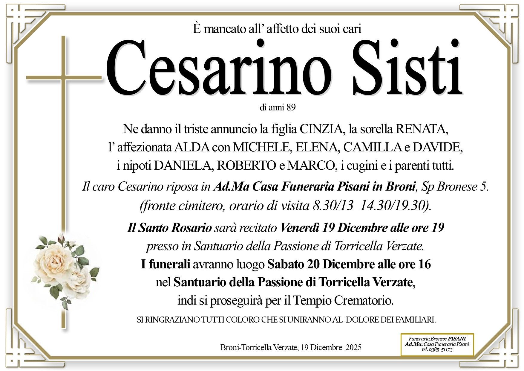 necrologio Cesarino Sisti