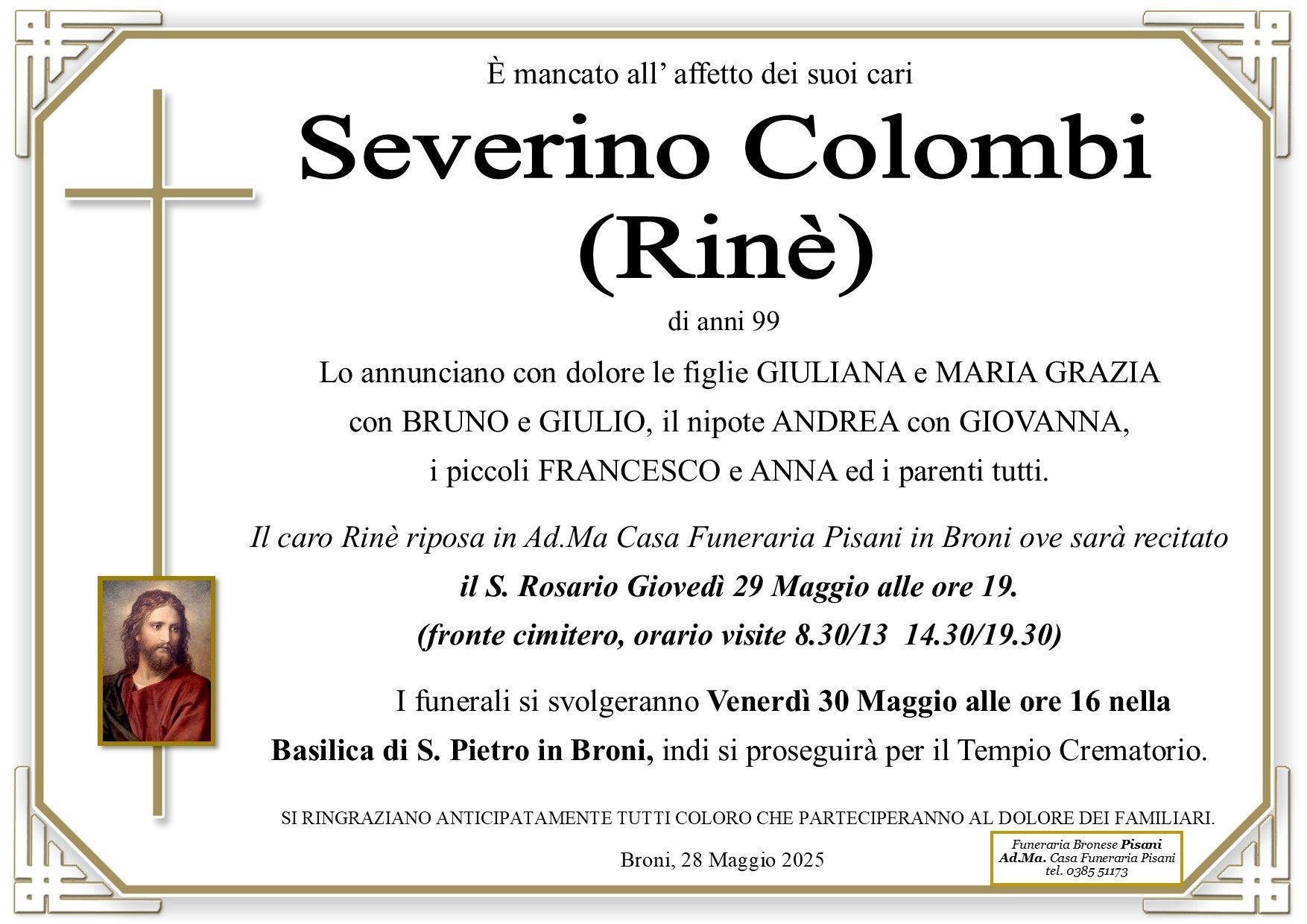 necrologio Severino Colombi (Rinè)