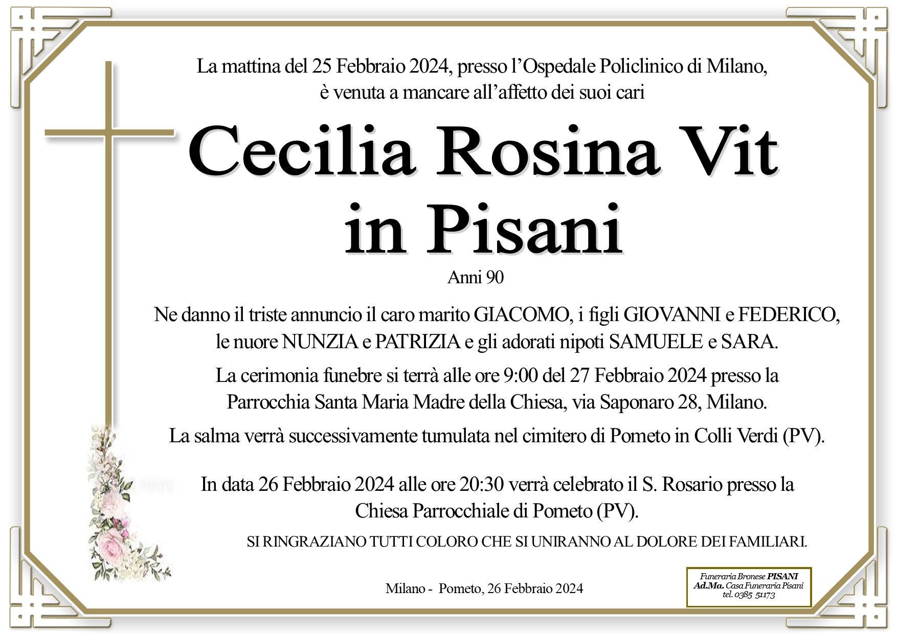 necrologio Cecilia Rosina Vit
