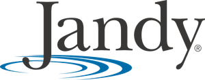 Landy logo in black with blue swirl under the text