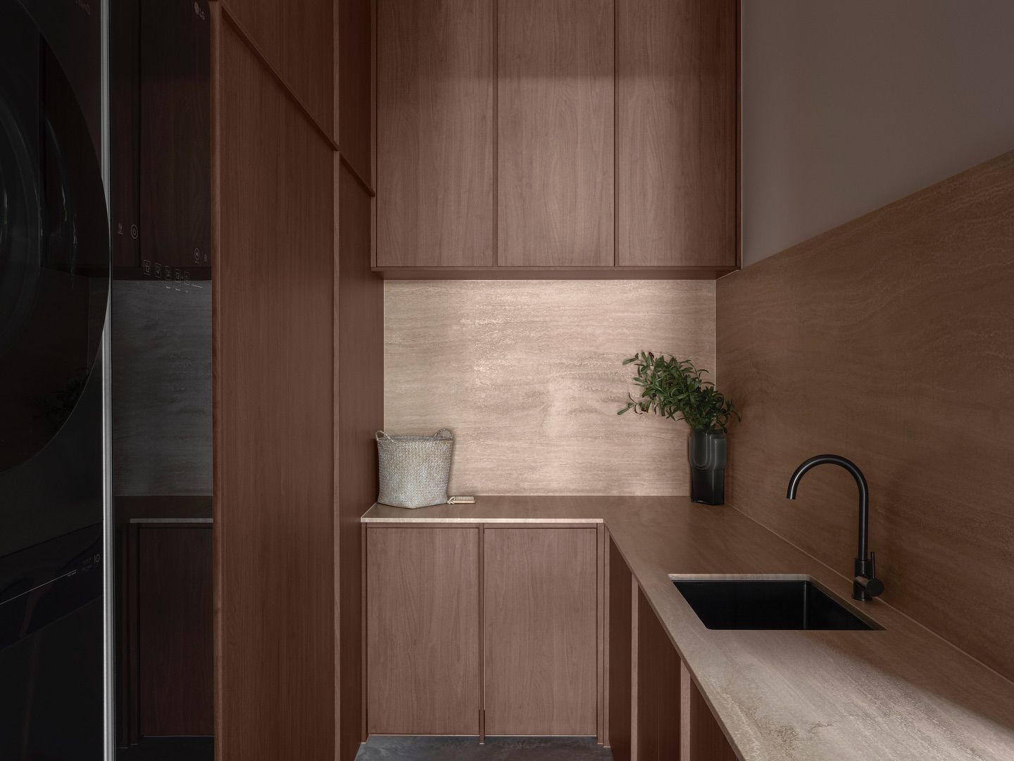 A Kitchen With Wooden Cabinets and a Sink — Hot Rock Granite In Brisbane, QLD