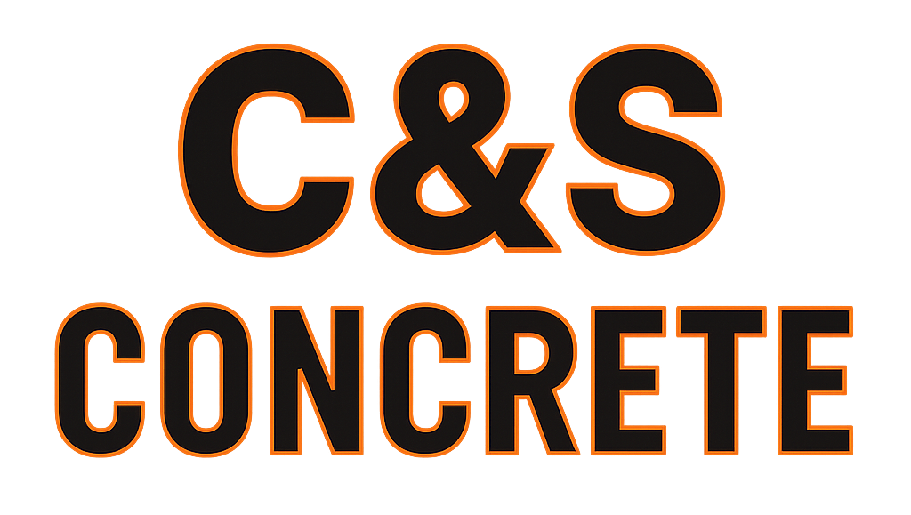 Logo for C&S Concrete, featuring bold black text with orange outline.