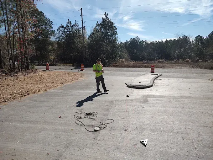 Person in a green vest stands on a gray asphalt lot, holding a remote. There is a black track in front of him.