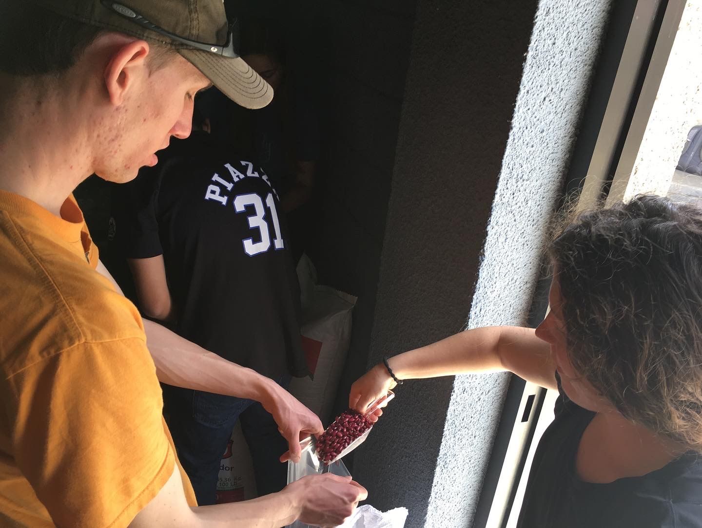 Filling food bags to hand out