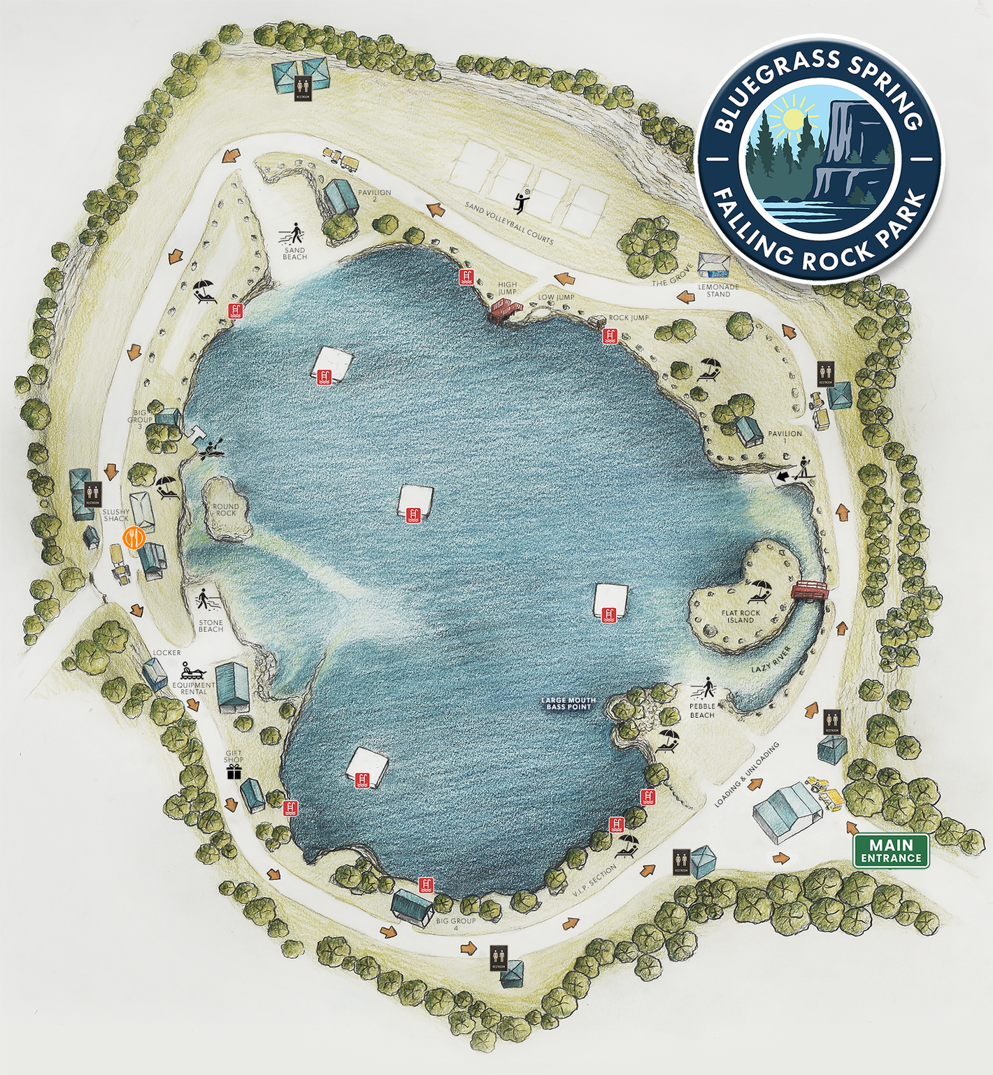 Map of a blue lake and surrounding trails at Gunflint Lake Resort, with a logo in the corner