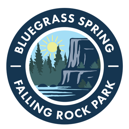Bluegrass Spring Falling Rock Park circular logo with forest, sun, cliffs, and water