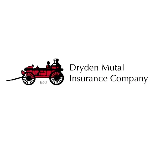 Red and black fire wagon logo for Dryden Mutual Insurance Company. The wagon is on the left side of the text.