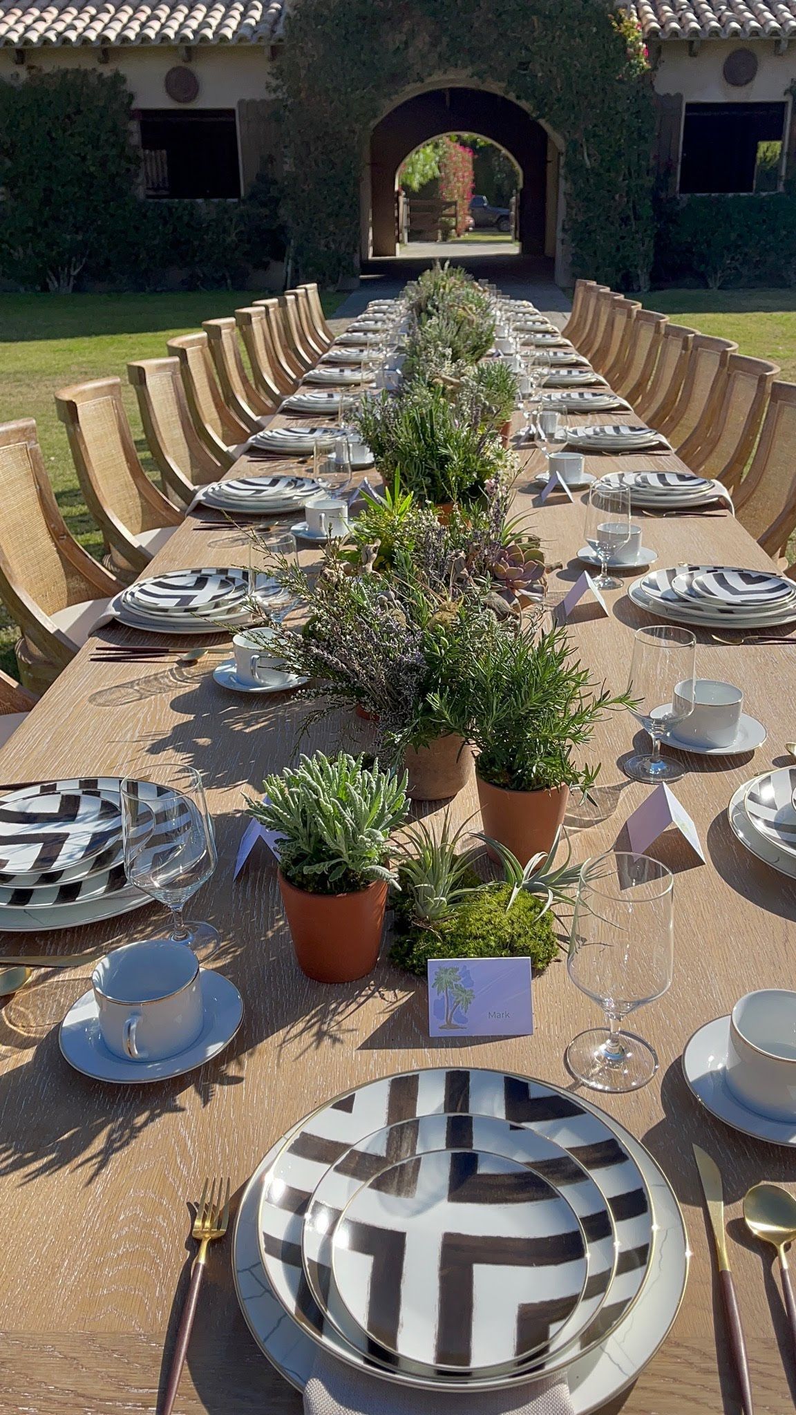 a long table with black and white plates and potted plants