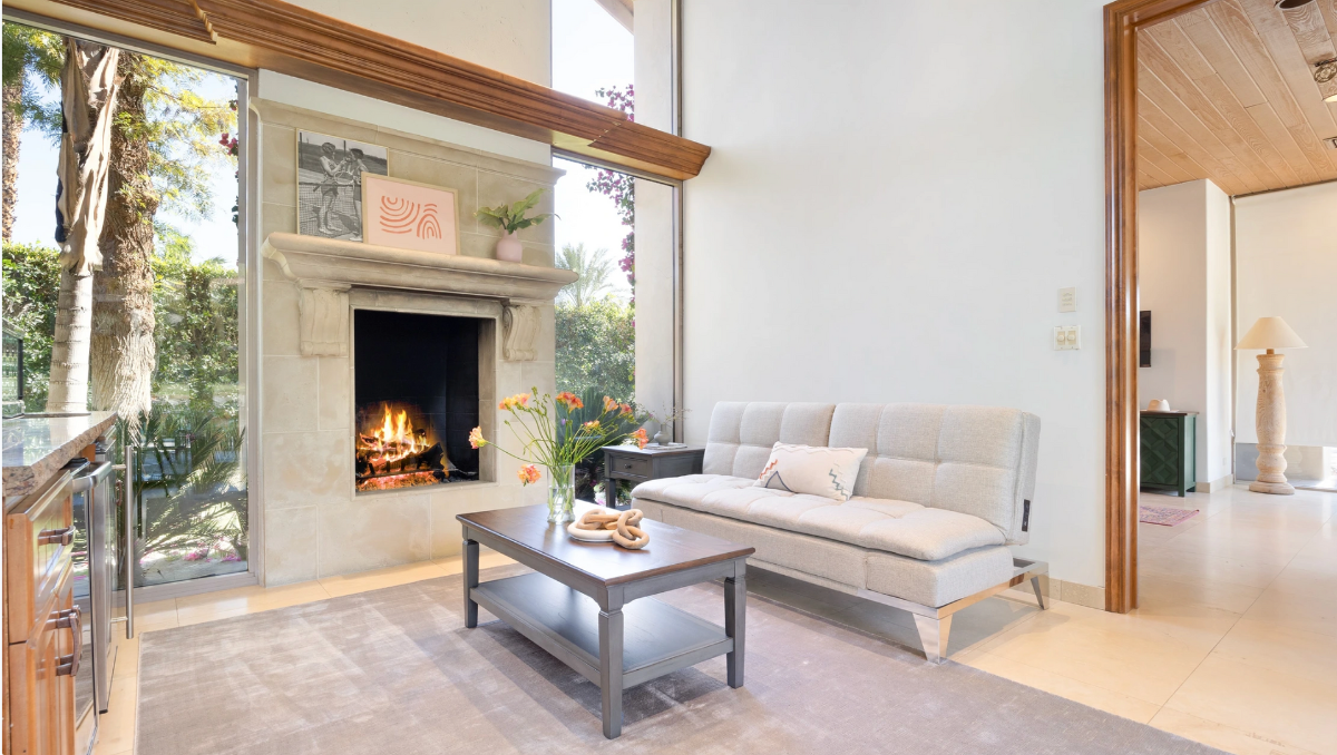 couch near fireplace