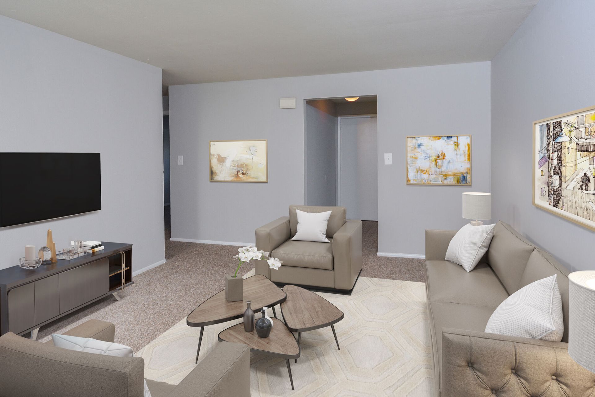 Living room in a modern apartment with beige sofas, a neutral rug, and a wall-mounted TV.