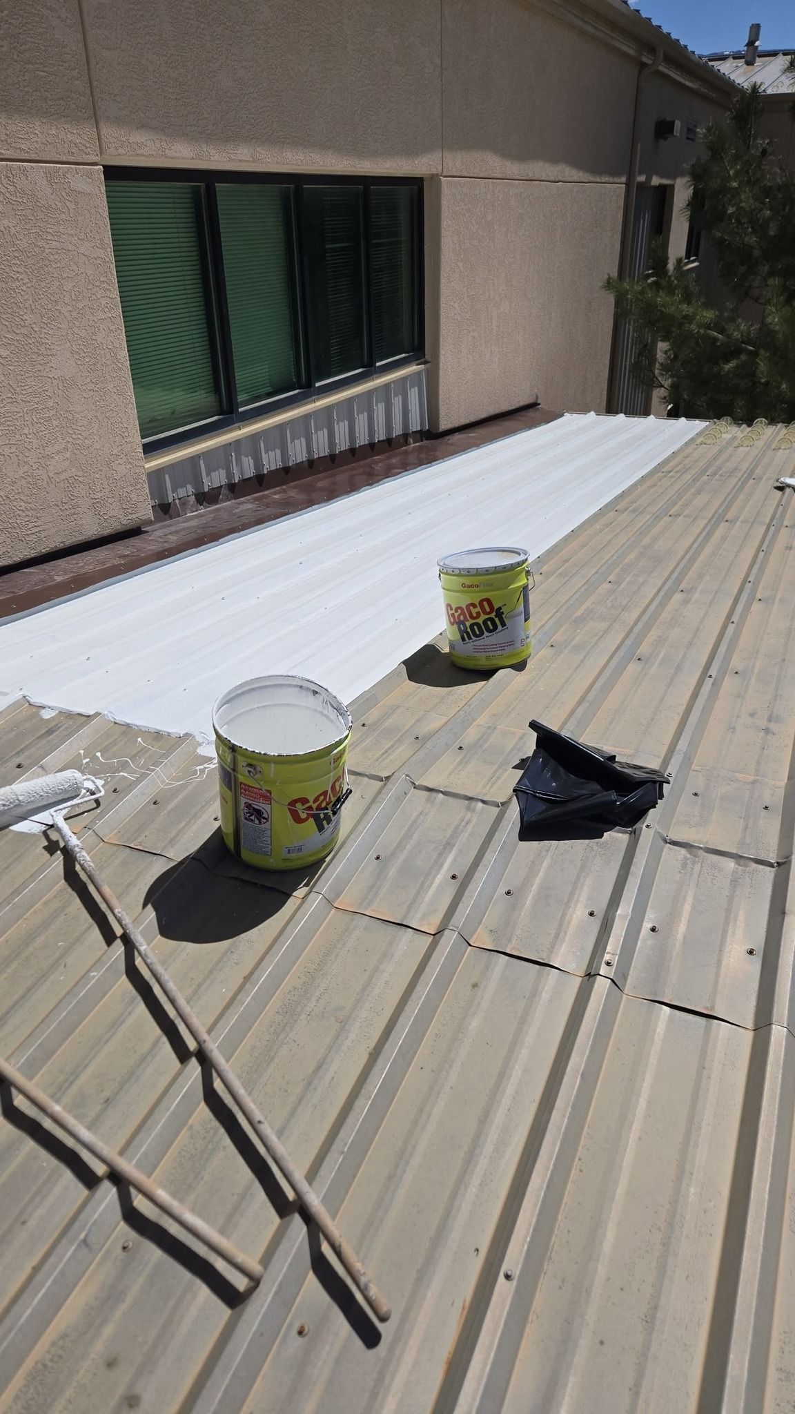 Two buckets of paint are sitting on top of a metal roof.