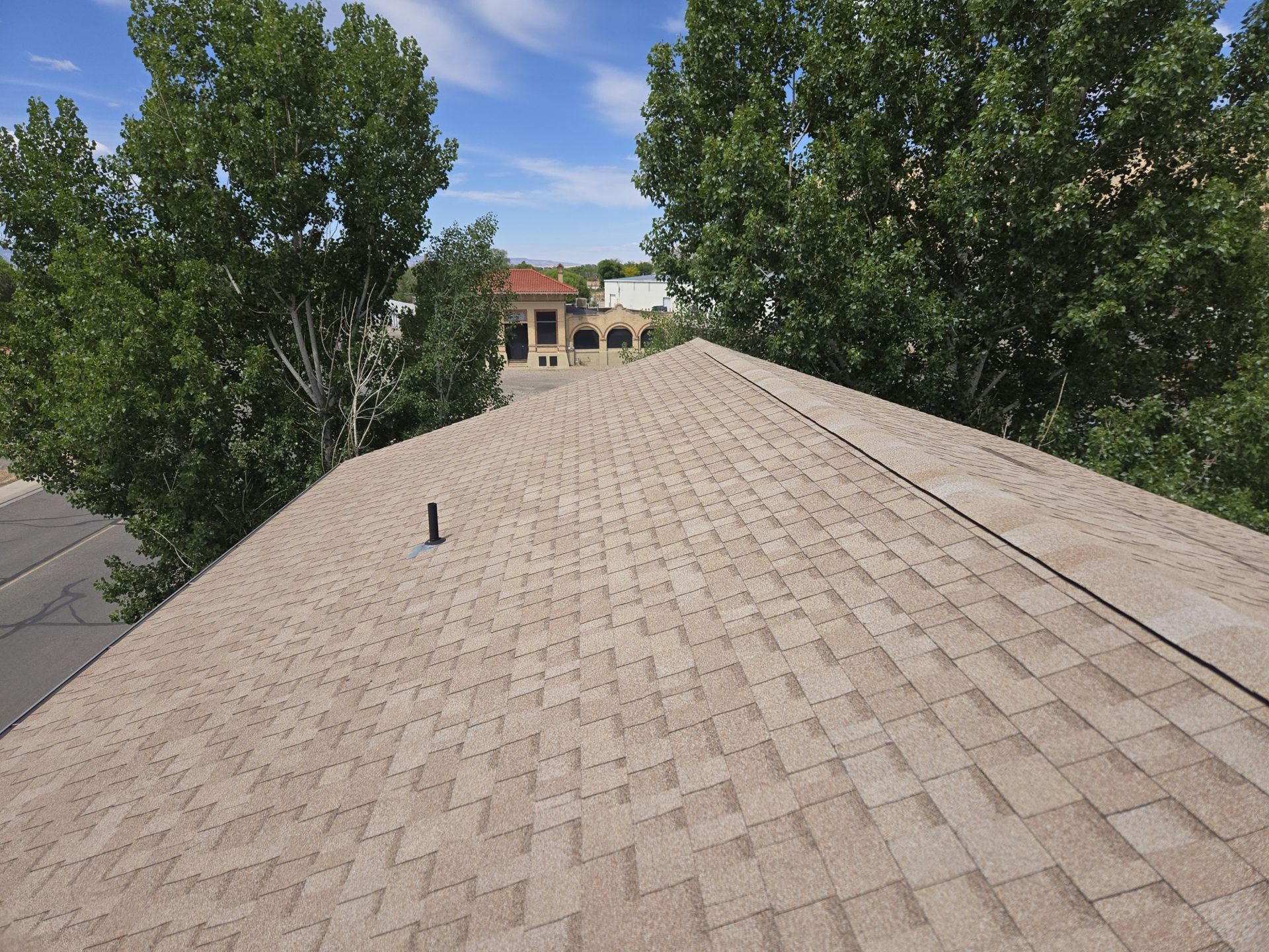 The roof of a house with trees in the background