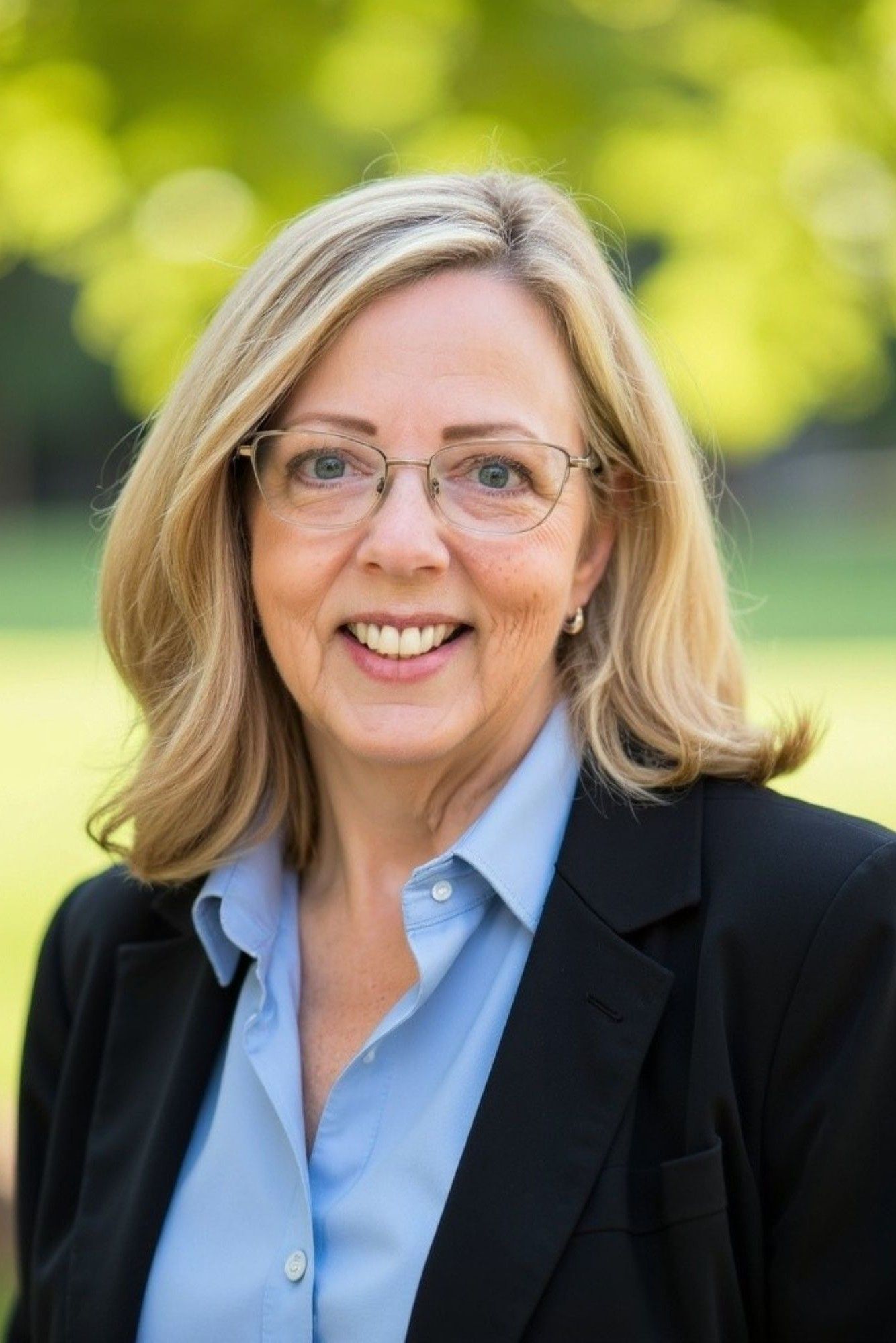 Woman with blonde hair wearing glasses, a blue shirt, and a black blazer smiles outdoors.