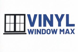 Logo for VinylWindowMax featuring a yellow framed window with an open bottom pane above the company name in dark blue.