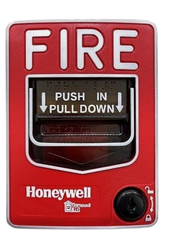 Red fire alarm button with “PUSH HERE” label on a white background