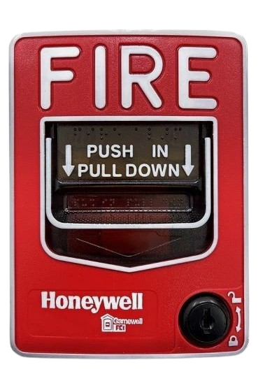 Red fire alarm button with “PUSH HERE” label on a white background