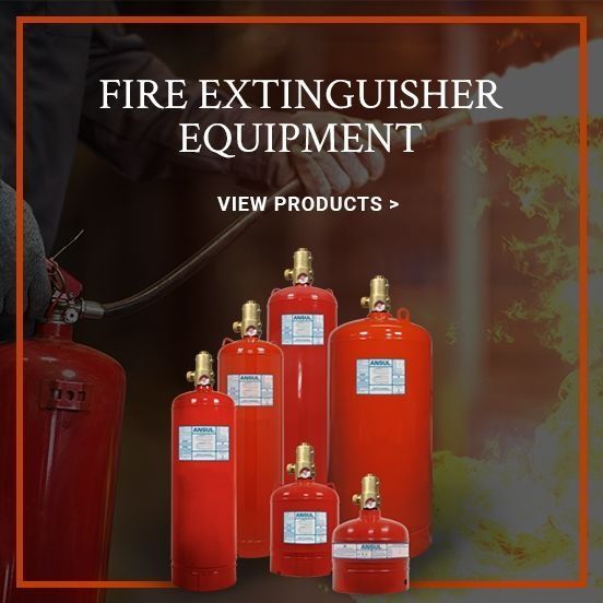 Fire extinguisher equipment ad with red extinguishers and “View products” text