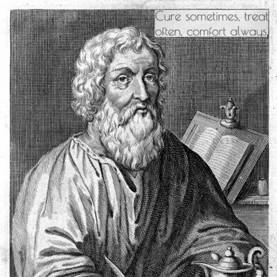 Engraving of Hippocrates, with quote: